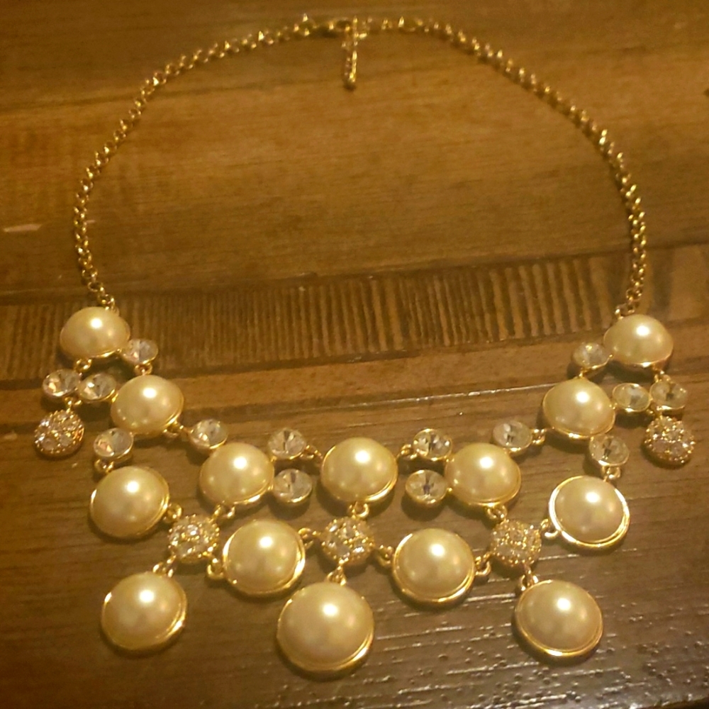Faux Pearl and Rhinestone Bib Necklace